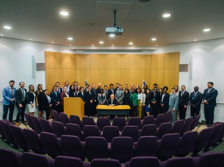 I-LAP Tour delegates receive a briefing from the Hon. Justice Neal Hendel of the Israel Supreme Court. Three South Texas College of Law Houston students participated on the international tour, exposing them to the geopolitical, military, and social challenges of the region.