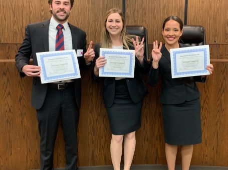 The student team of Marcela Arevalo, Casidy Newcomer, and Clayton Hart remained undefeated throughout the three-day 20thAnnual National Entertainment Law Moot Court Tournament, hosted by Pepperdine University