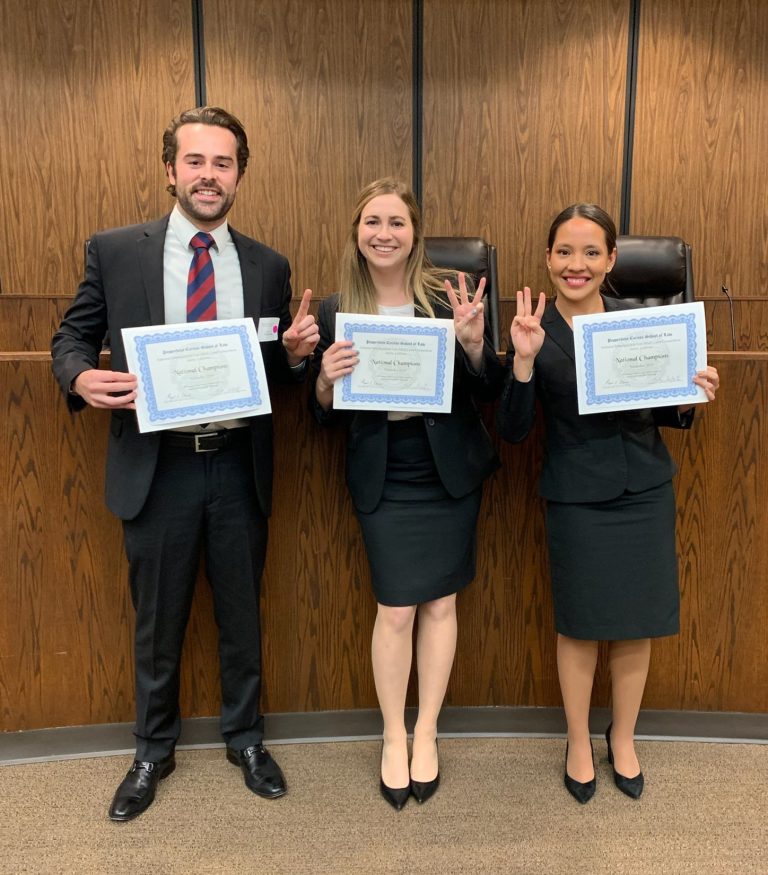 The student team of Marcela Arevalo, Casidy Newcomer, and Clayton Hart remained undefeated throughout the three-day 20thAnnual National Entertainment Law Moot Court Tournament, hosted by Pepperdine University